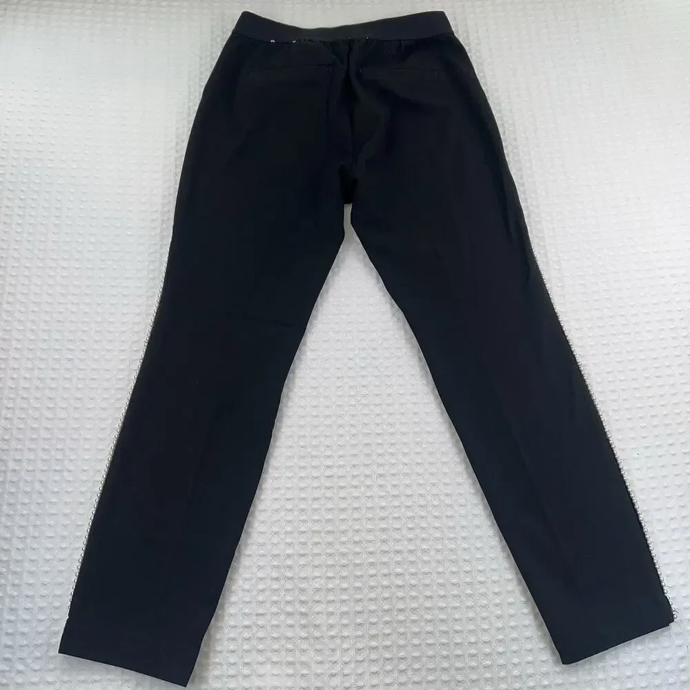 Express Womens S Black Ankle Pants Pearl Side Trim Mid Rise Stretch